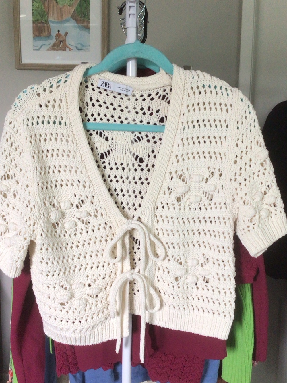 Zara Cream Crochet Tie-Front Short-Sleeve Cardigan